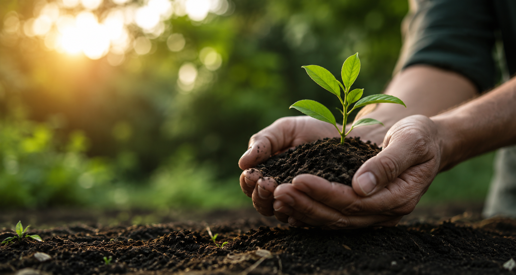 Hands lowering a young seedling into soil at planting