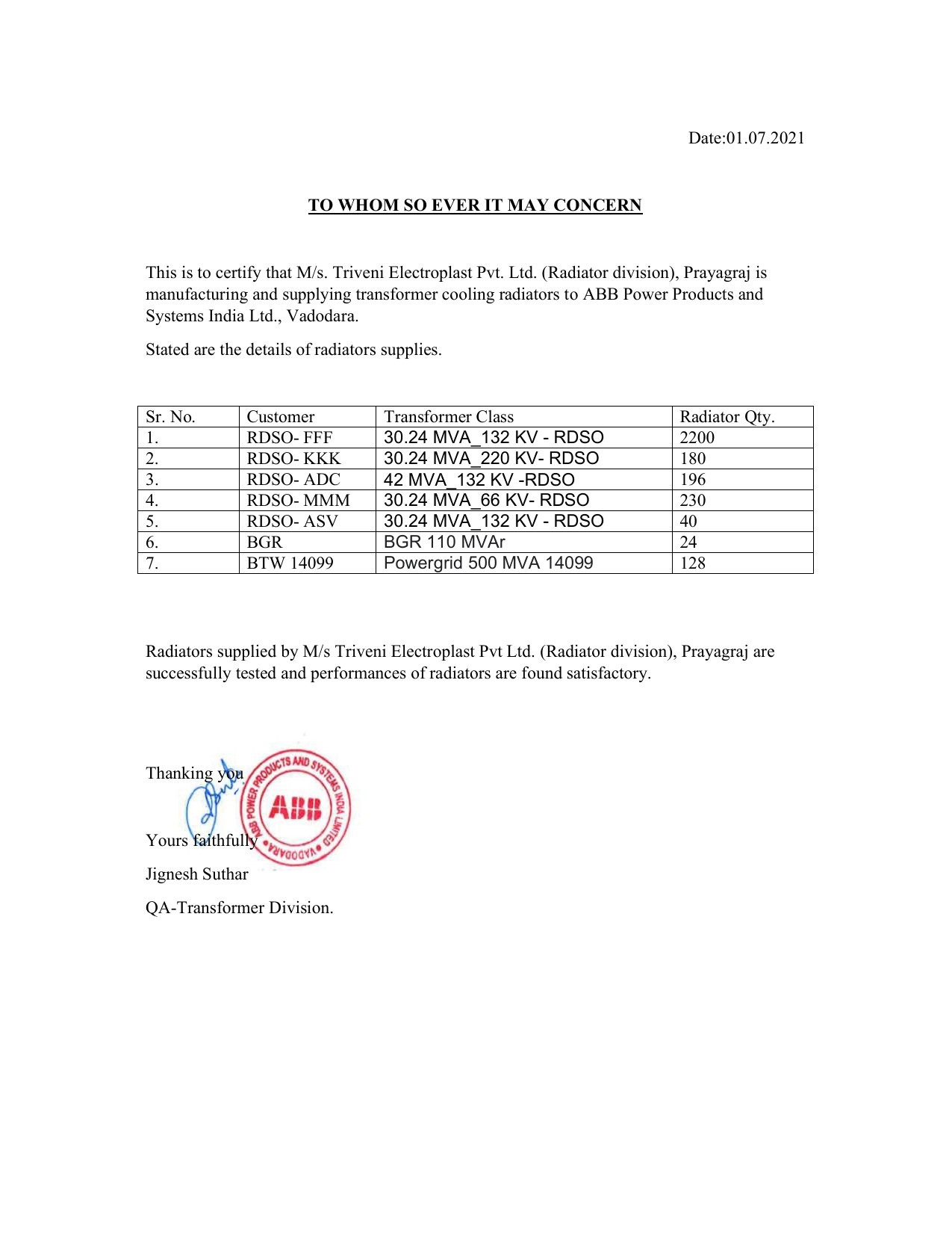 ABB performance letter