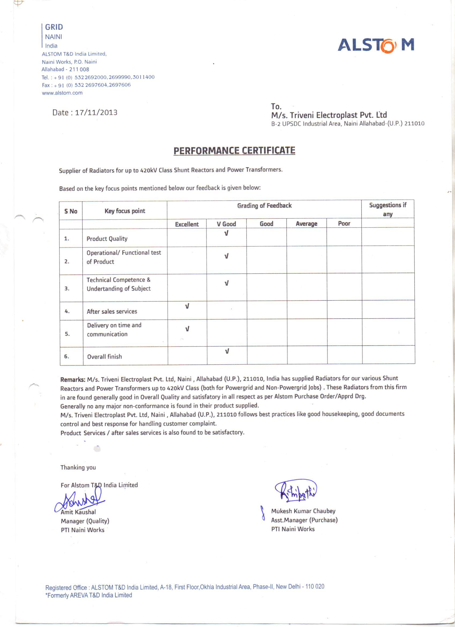 Alstom T&D India performance certificate