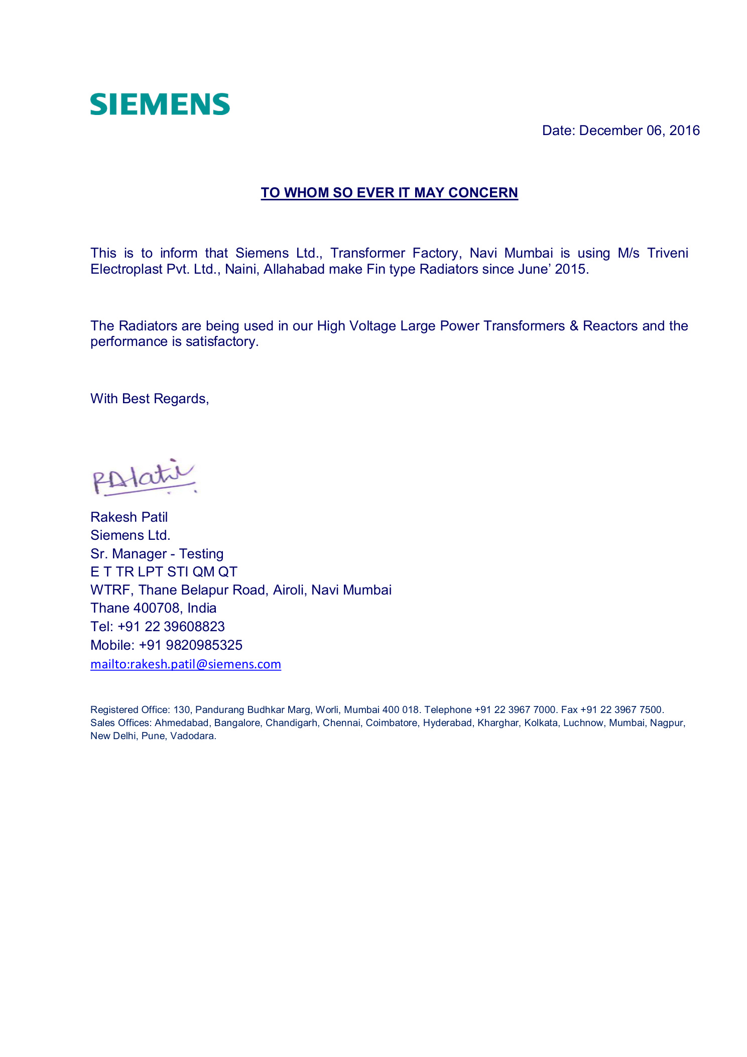 Siemens performance letter