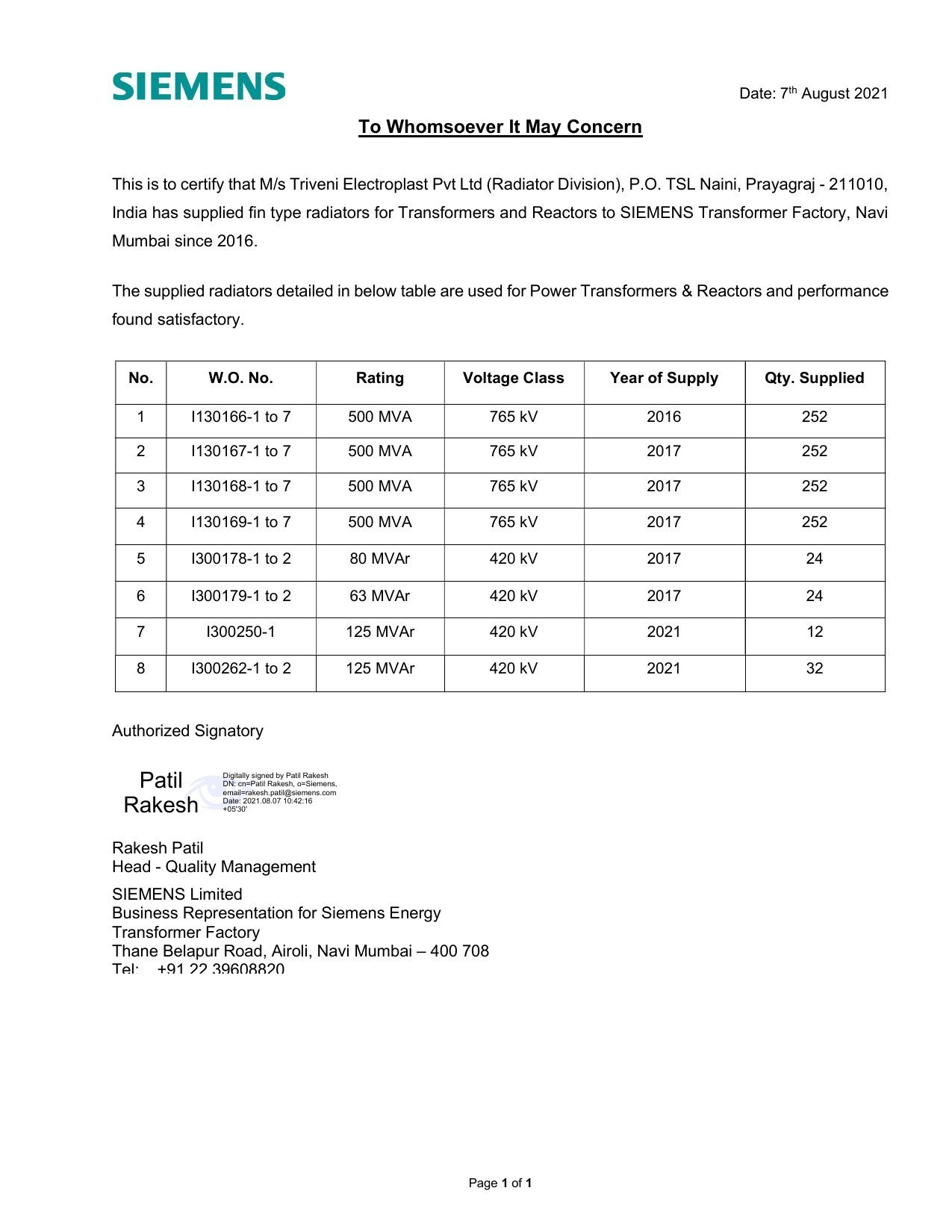 Siemens performance letter