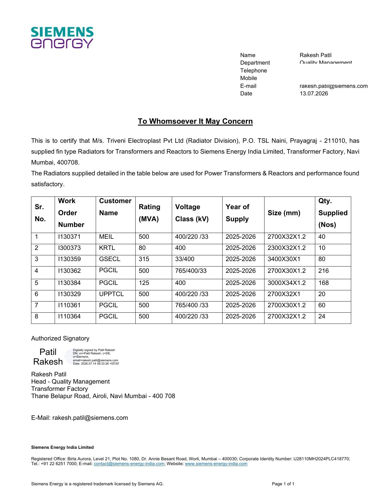 Siemens Energy performance letter