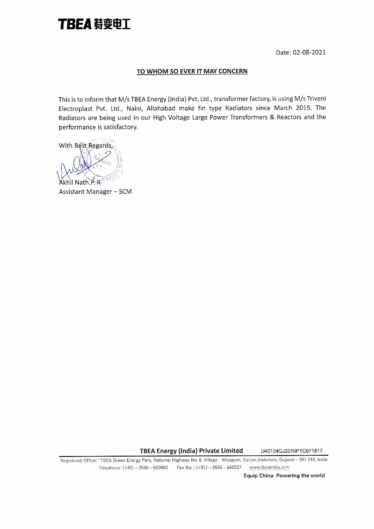 TBEA Energy India performance letter