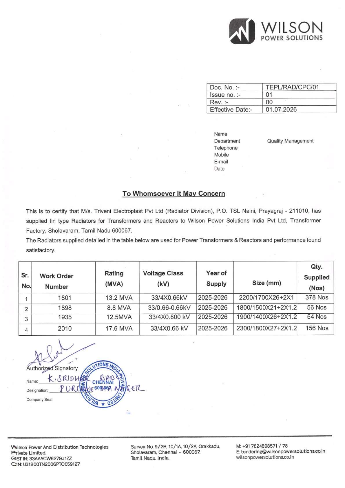 Wilson Power Solutions performance certificate