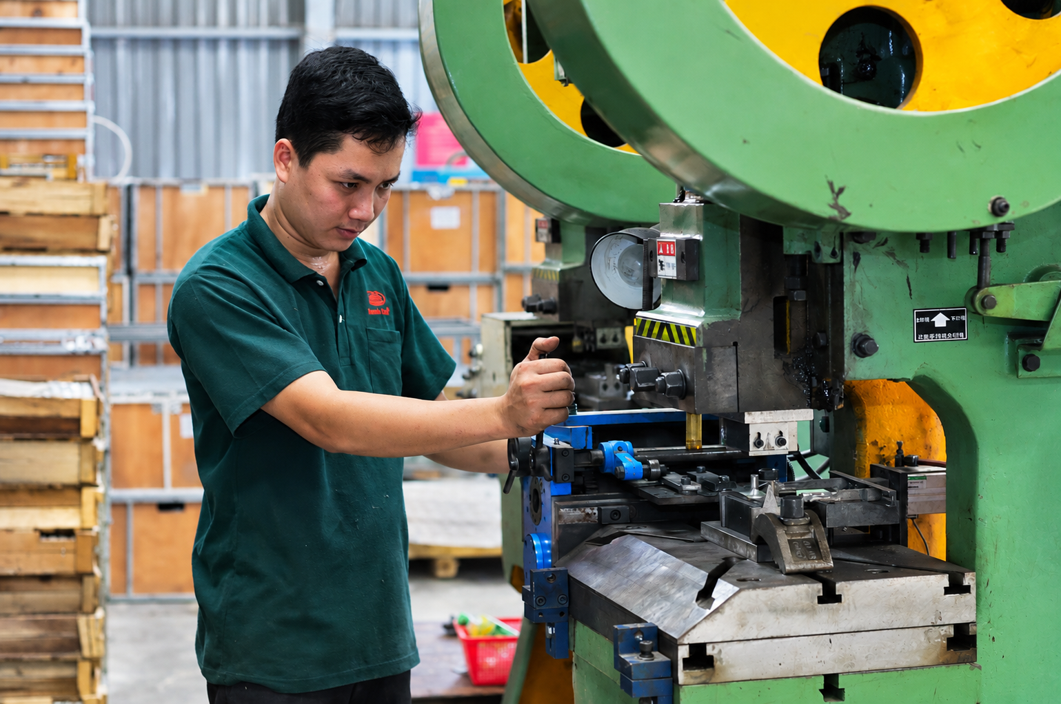 Triveni technicians lifting and assembling a transformer radiator core on the manufacturing floor