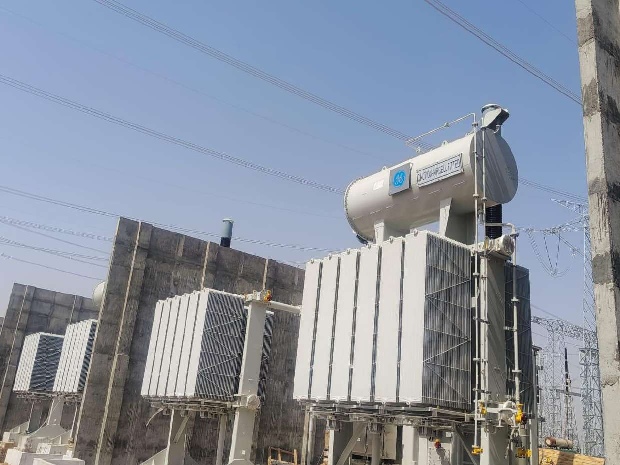 GE power transformer with Triveni radiator banks at a substation