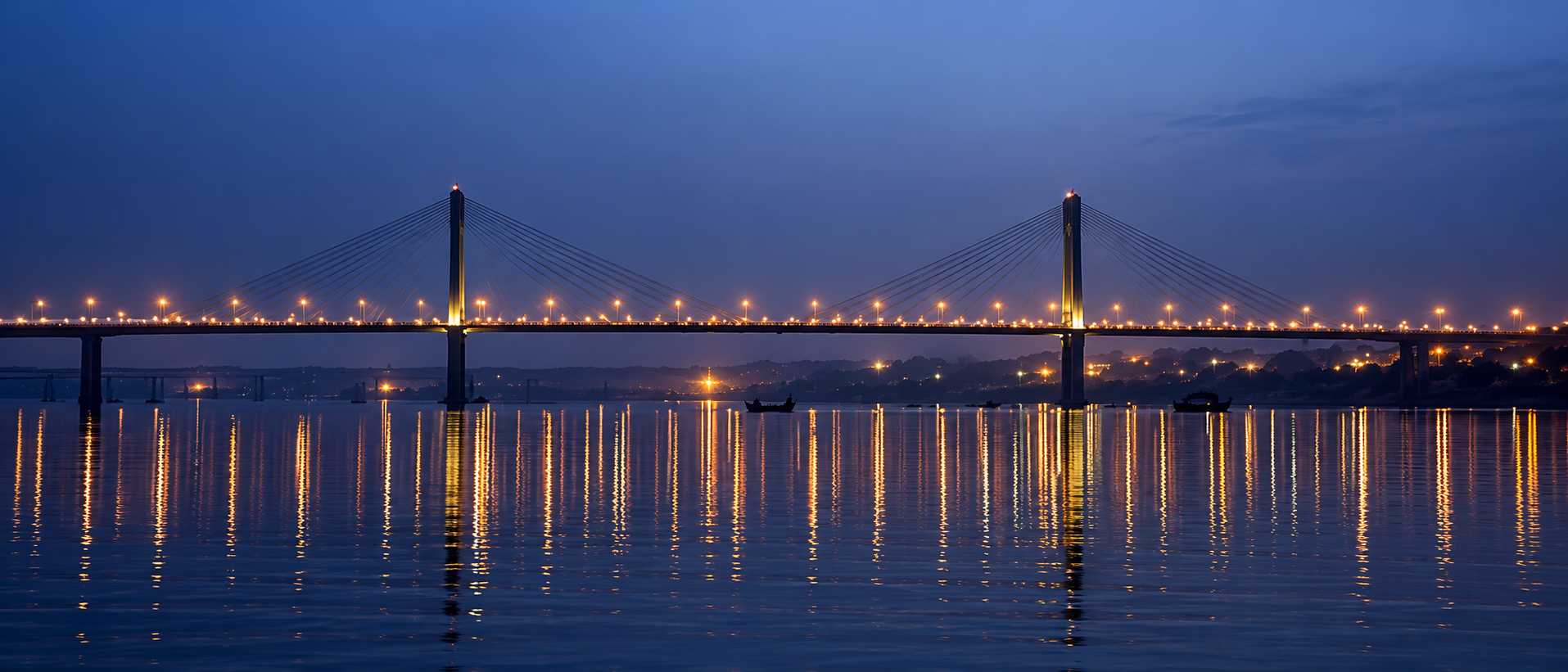 The cable-stayed bridge over the river at Prayagraj at dusk, lights reflecting on the water near Triveni's Naini works